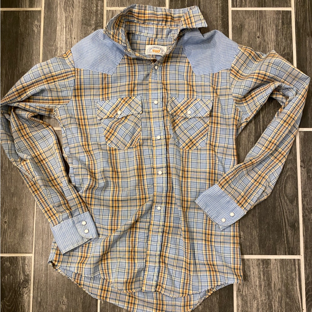 Vintage Western Levi's Shirt Men 80s Blue Plaid Pearl Snap Cowboy Retro